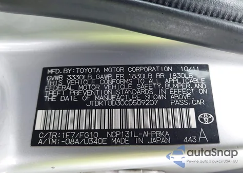 2012 Toyota Yaris Le from USA, damaged, VIN JTDKTUD30CD509207